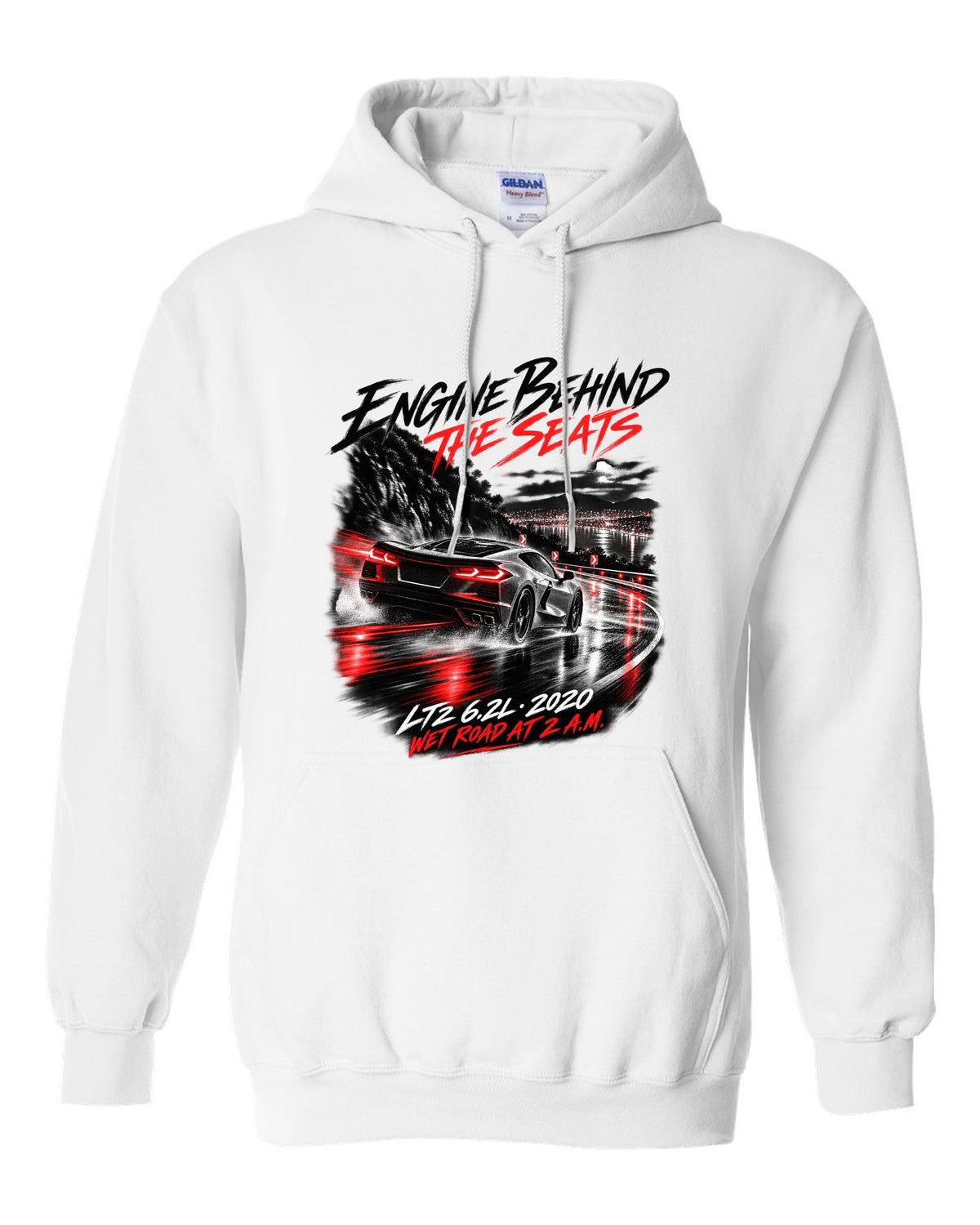 Corvette C8 Stingray driving on a wet road at night white pull over hoodie front view with the design