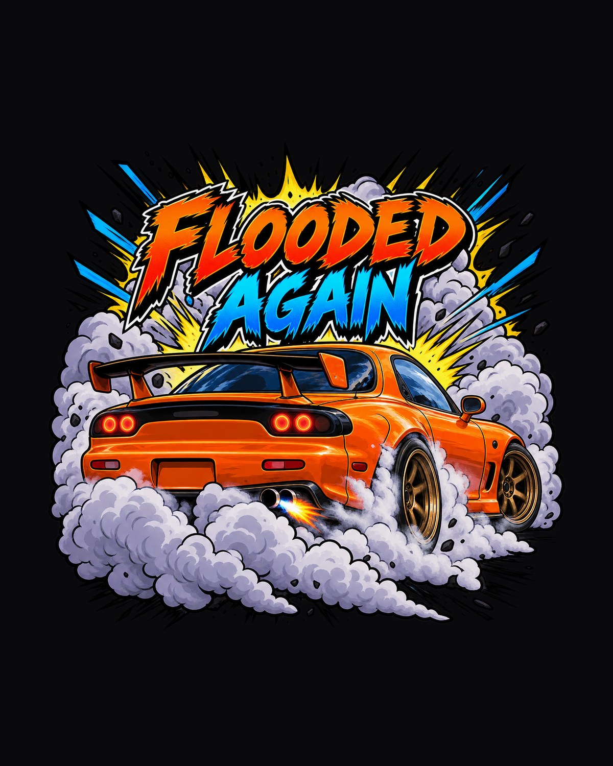 Mazda RX-7 FD3S Comic Burnout print Tee, Rotary Gift design only