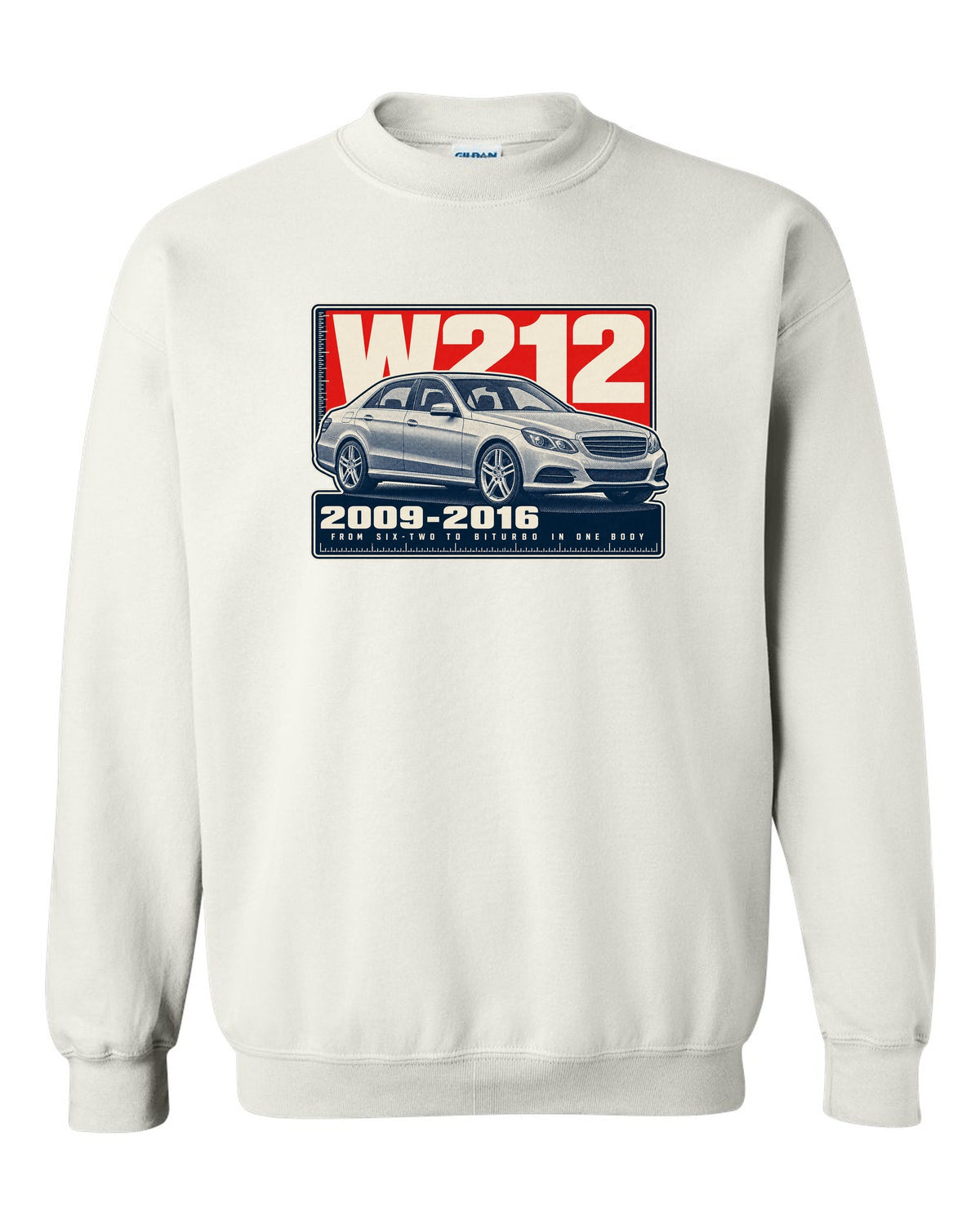 Halftone print of a Mercedes-AMG E63 W212 sedan white crewneck front view with the design