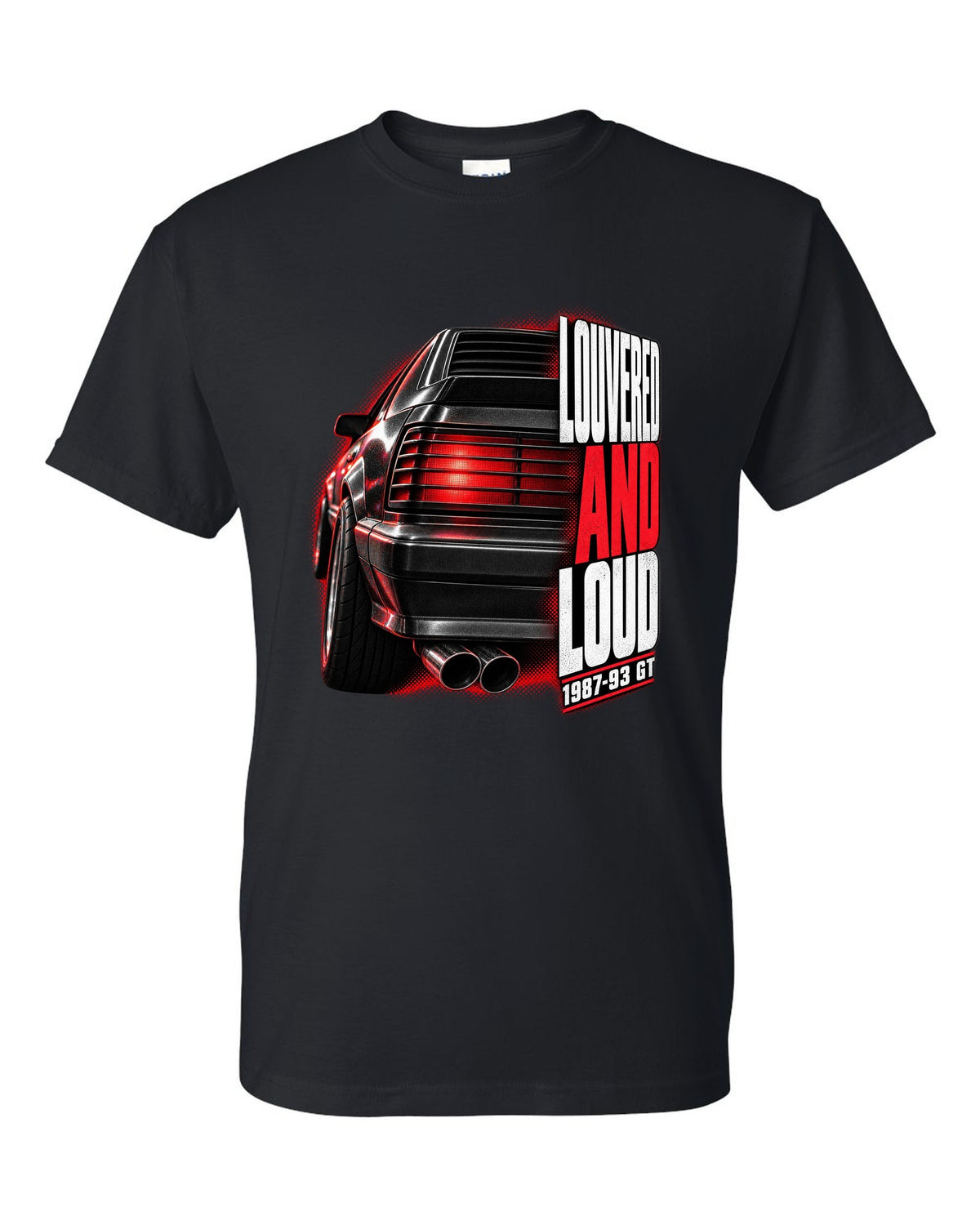 Macro print of a Ford Mustang Fox Body GT louvered taillight, 1987-93 black t-shirt front view with the design