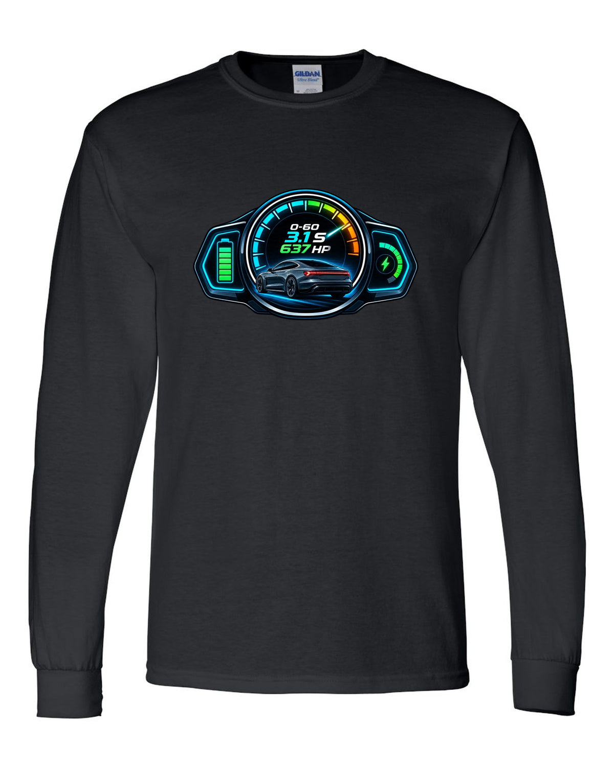 HUD gauge cluster print of an Audi e-tron GT with 0-60 and horsepower figures black long sleeve front view with the design