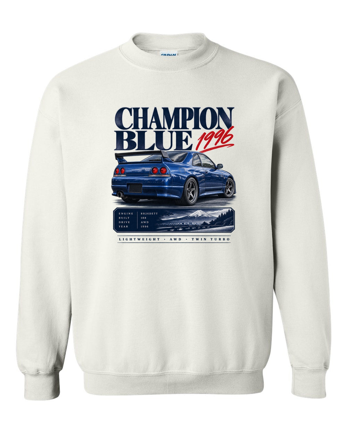Archive panel of a Nissan Skyline GT-R R33 LM Limited in Champion Blue with 1996 and 188 made lettering white crewneck front view with the design