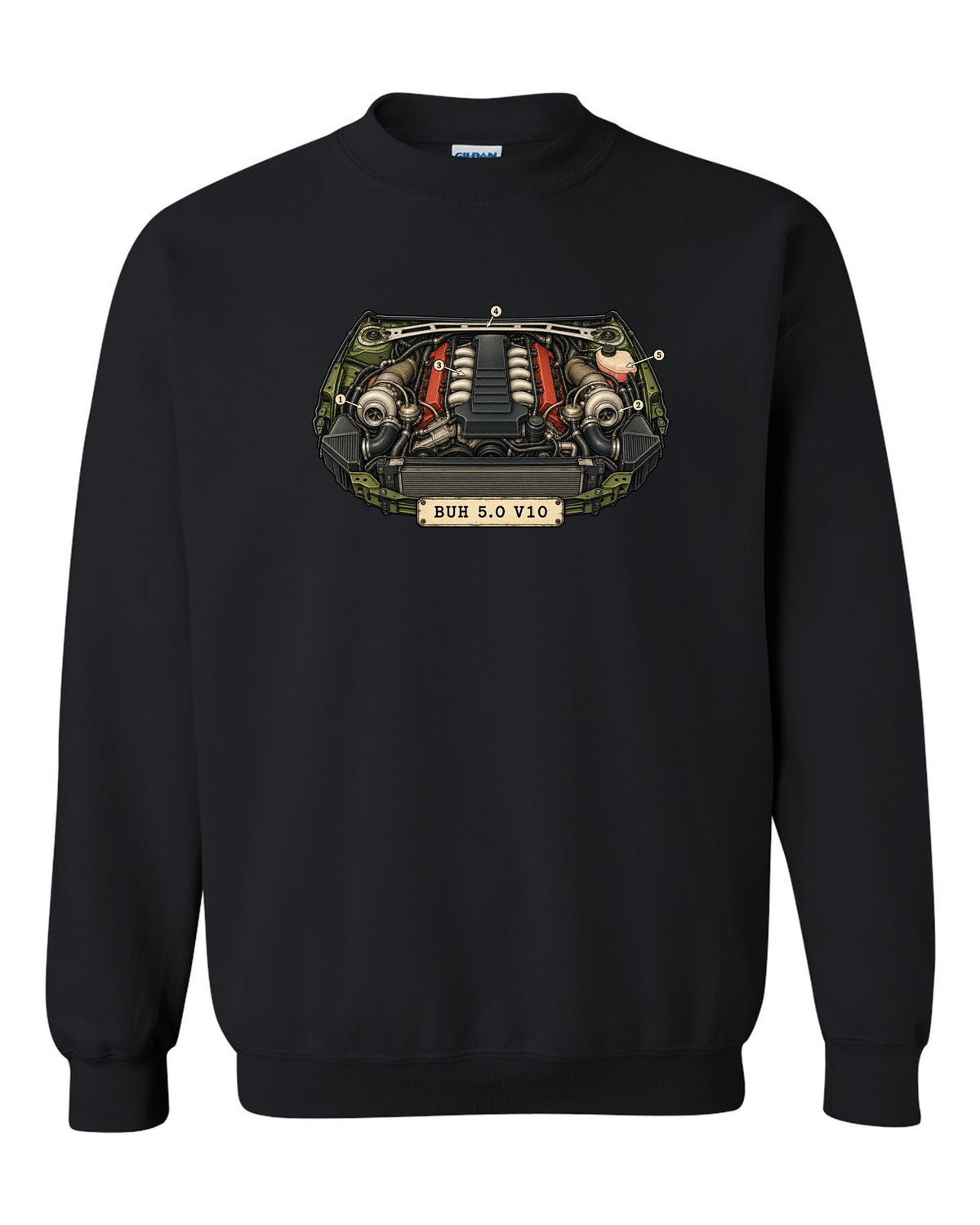 Vintage patent drawing design of the Audi RS6 Avant C6 4F with 5.0 V10 lettering black crewneck front view with the design
