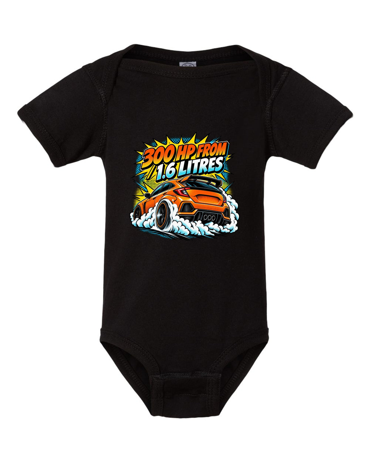 Comic halftone pop-art of a Toyota GR Corolla doing a burnout with 300 HP from 1.6 litres lettering black baby onesie front view with the design