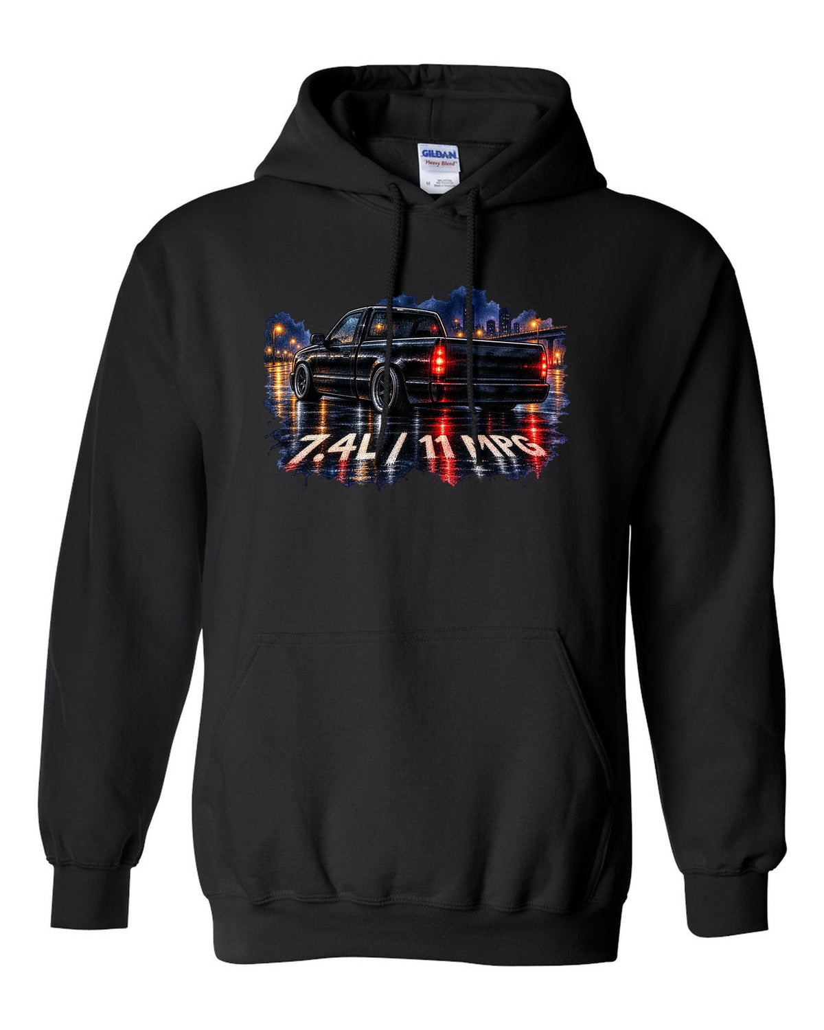 80s airbrush chrome print of a 1990-93 Chevrolet 454 SS pickup with 7.4L and 11 MPG text black pull over hoodie front view with the design