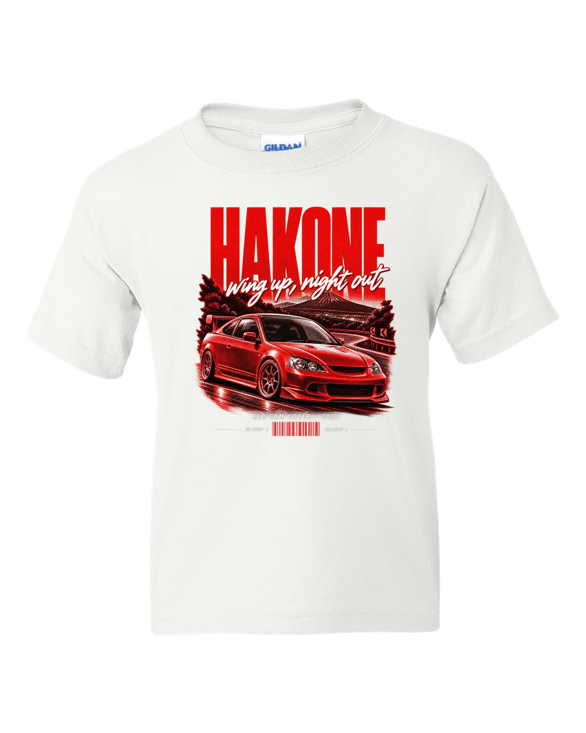 Honda Integra DC5 Type R chback street poster with Hakone and red cam cover text white kids tee front view with the design