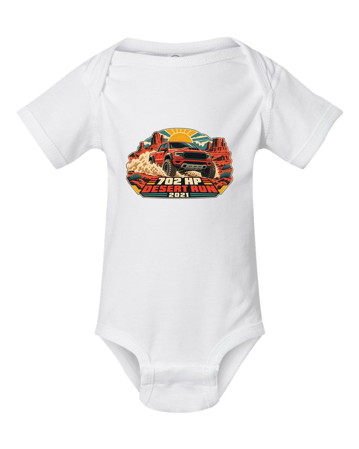 Vintage desert race poster print of a 2021 Ram 1500 TRX with 702 HP text white baby onesie front view with the design