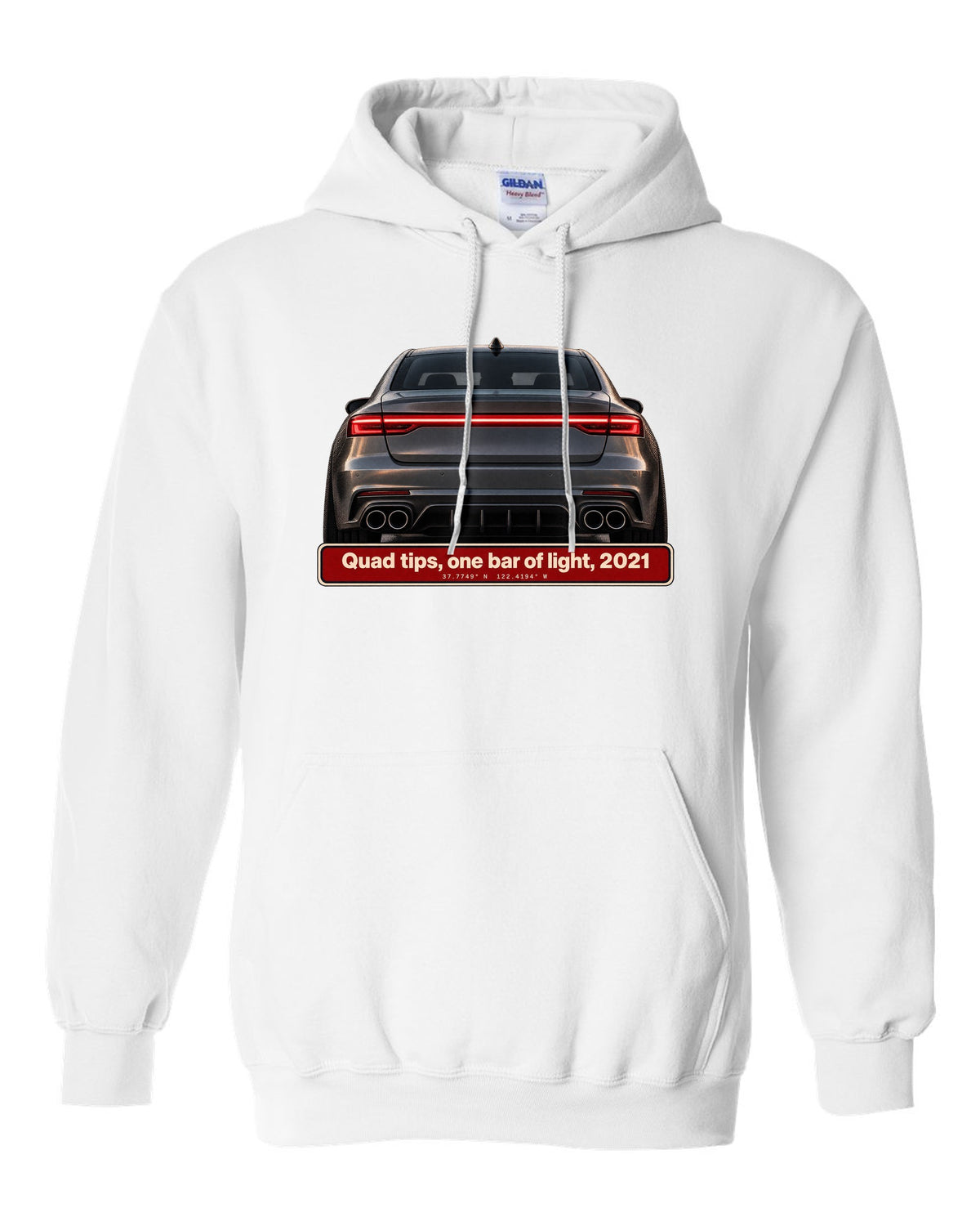 Acura TLX Type S taillight and quad exhaust tips macro print white pull over hoodie front view with the design