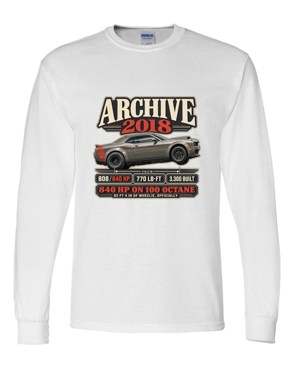 2018 Dodge Challenger SRT Demon archive panel print with 840 HP and wheelie record white long sleeve front view with the design