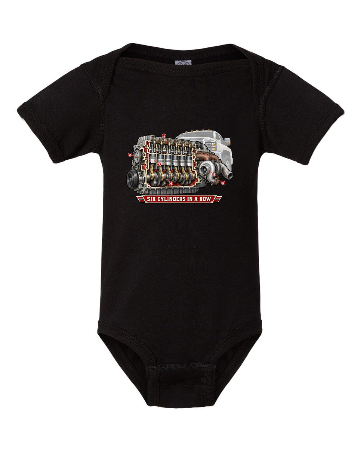 Cutaway diagram print of an inline-six diesel engine from a Dodge Ram 2nd gen with six cylinders in a row text black baby onesie front view with the design