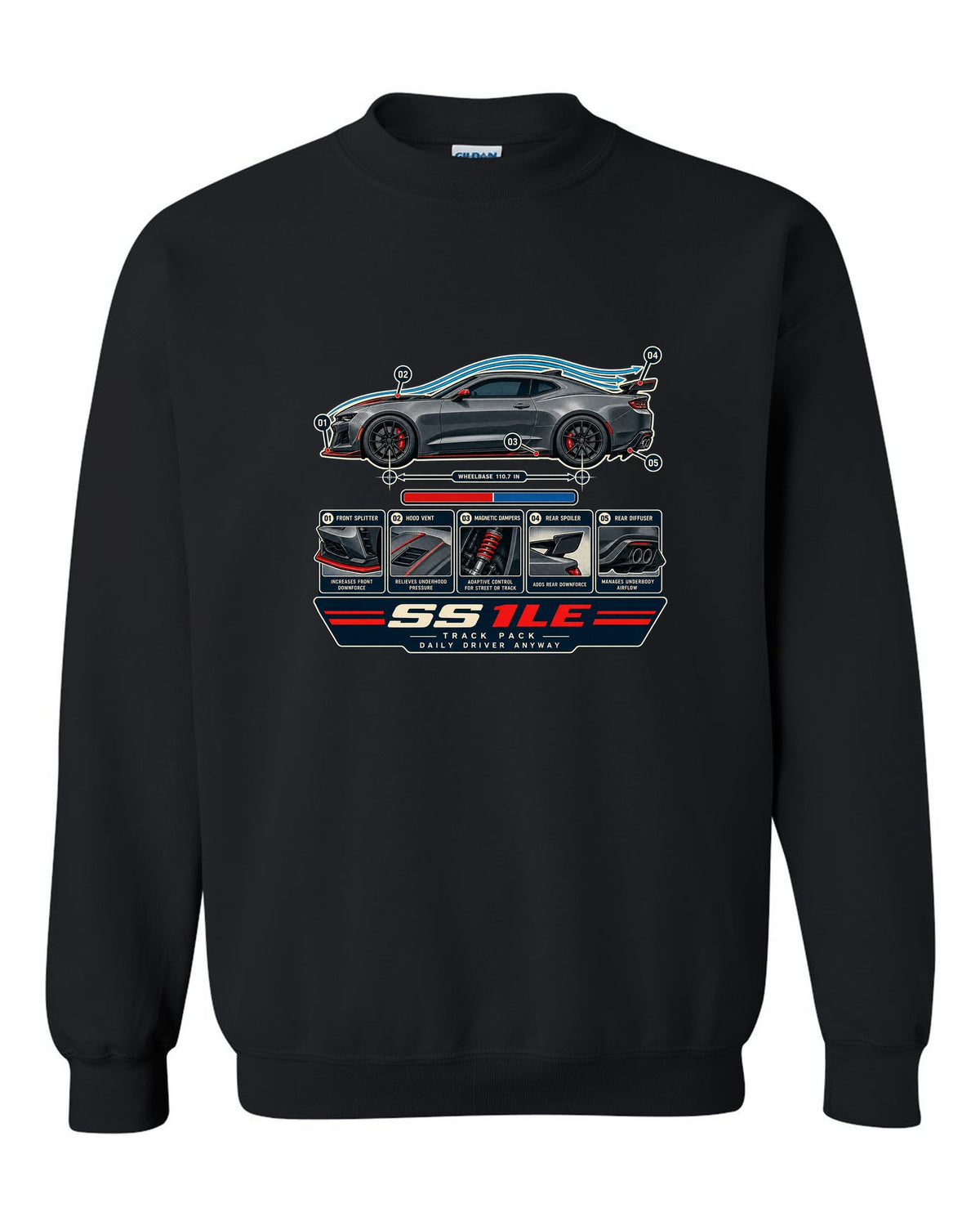 Airflow cutaway print of a 6th generation Chevrolet Camaro SS 1LE black crewneck front view with the design