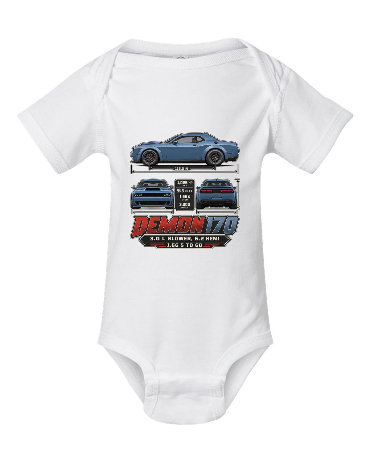 Dodge Challenger SRT Demon 170 dimension blueprint print white baby onesie front view with the design