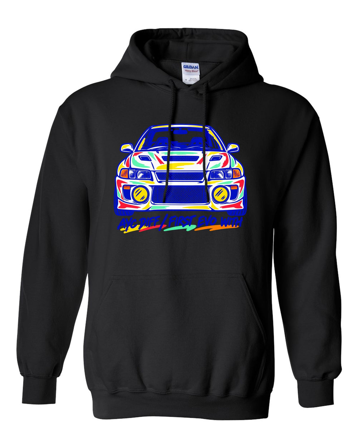 Mono-line napkin sketch of a Mitsubishi Lancer Evolution IV CN9A black pull over hoodie front view with the design
