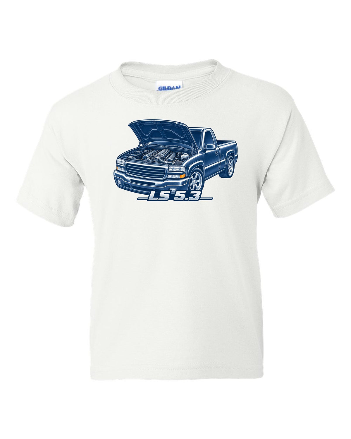 Cyanotype negative blueprint print of a 1999-2006 Chevrolet GMT800 NBS Silverado with LS 5.3 text white kids tee front view with the design