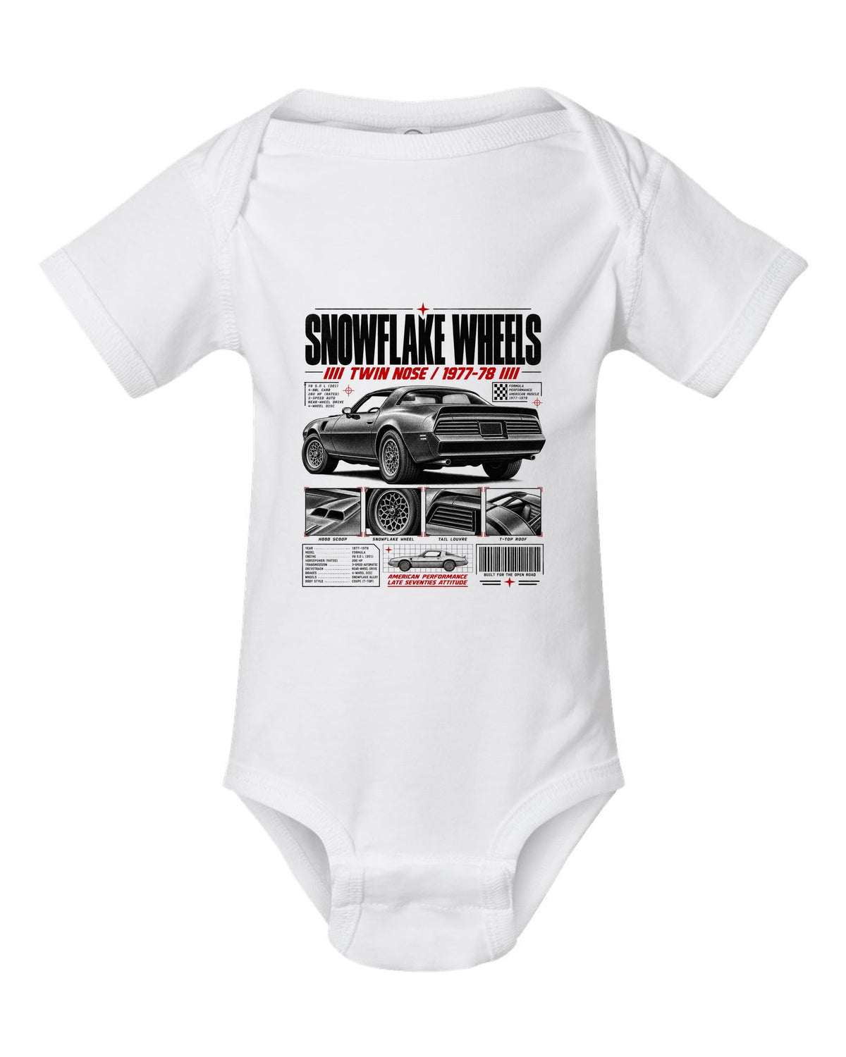 print dossier panels of a 1978 Pontiac Firebird Formula with snowflake wheels white baby onesie front view with the design