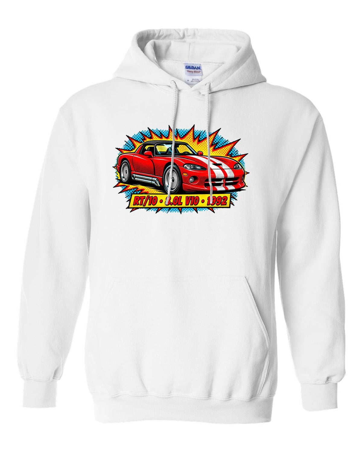 Comic halftone pop-art print of a 1992 Dodge Viper RT/10 with 8.0L V10 text white pull over hoodie front view with the design