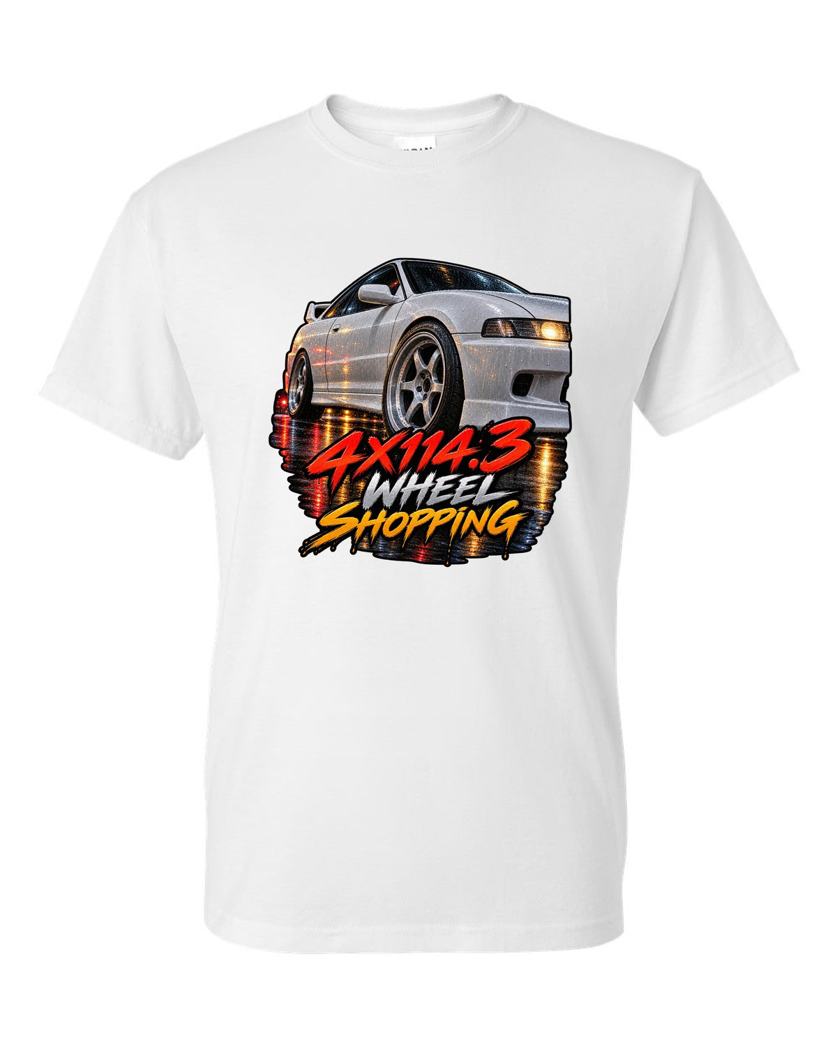 Cinematic macro painting print of a wet wheel on a 1995 Honda Integra DC2 coupe with 4x114.3 text white t-shirt front view with the design