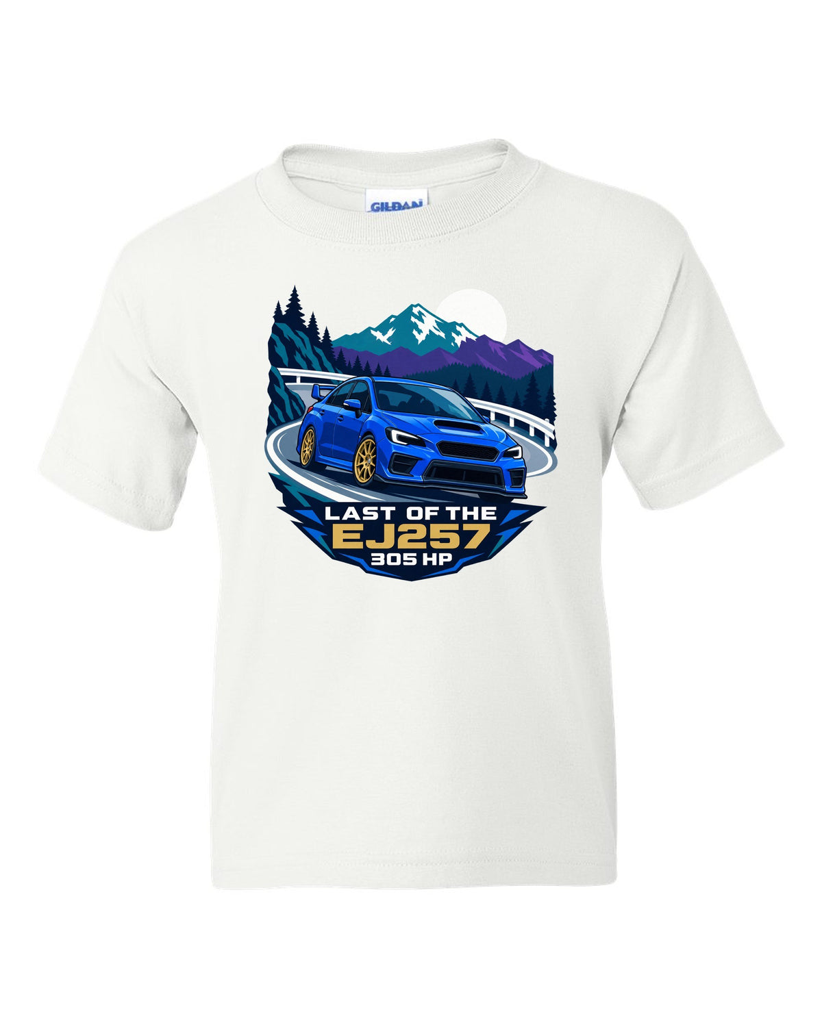 Flat vector minimalist Subaru WRX STI VAB on a hairpin corner white kids tee front view with the design