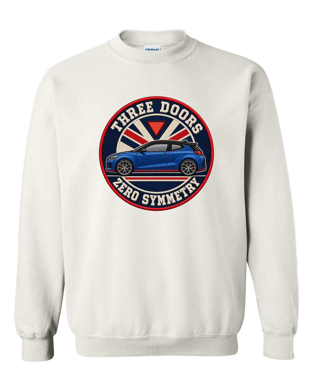 Embroidery varsity crest print for a Hyundai Veloster N JS with three doors zero symmetry text white crewneck front view with the design
