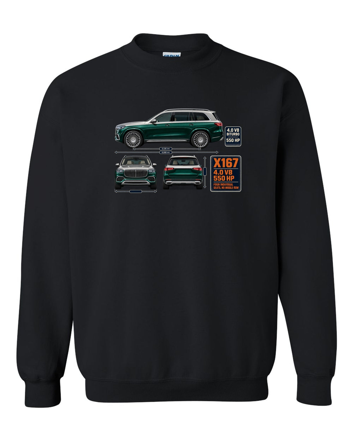 Mercedes-Maybach GLS 600 X167 three-view spec print in obsidian green and silver black crewneck front view with the design