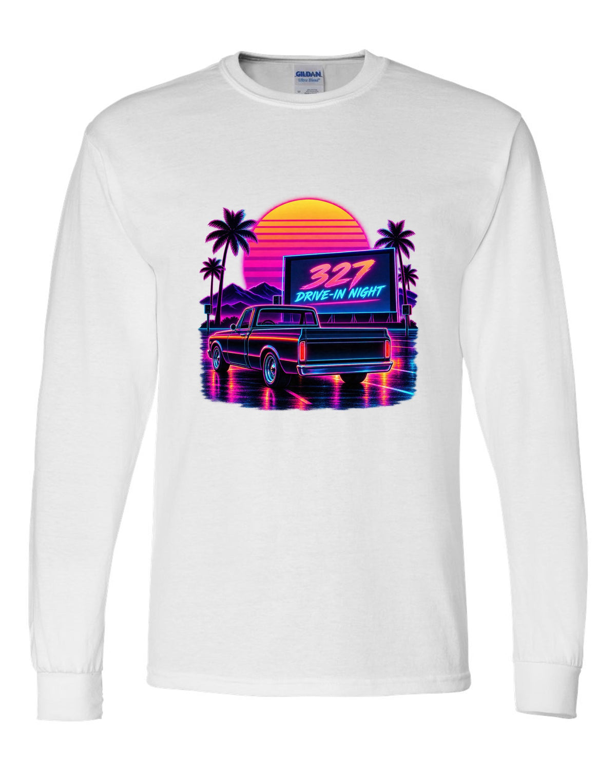 Synthwave outrun print of a 1967-72 Chevrolet C10 Action Line Fleetside at a drive-in with 327 lettering white long sleeve front view with the design