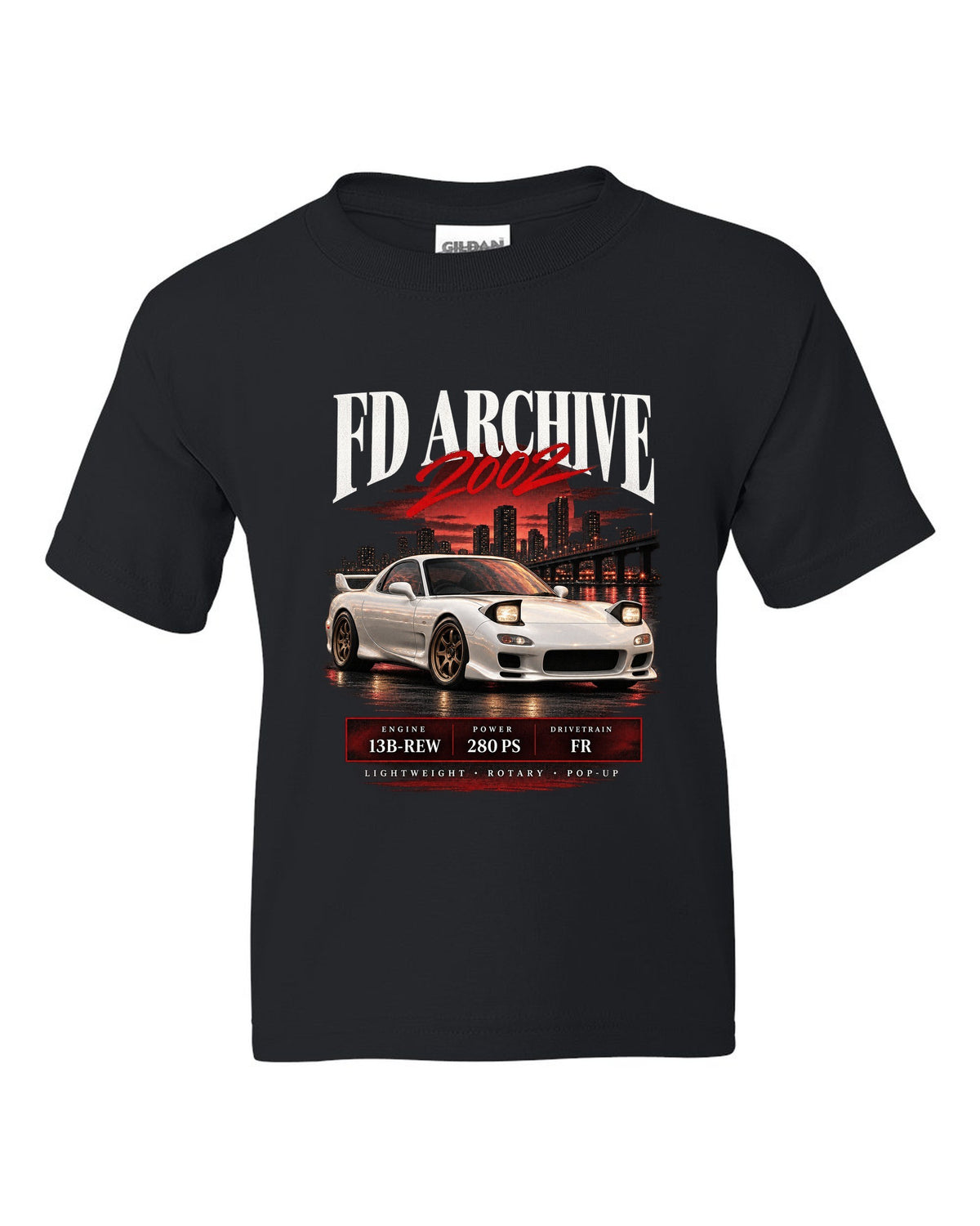 Archive panel print of the Mazda RX-7 FD3S Spirit R 2002 with spec lettering black kids tee front view with the design