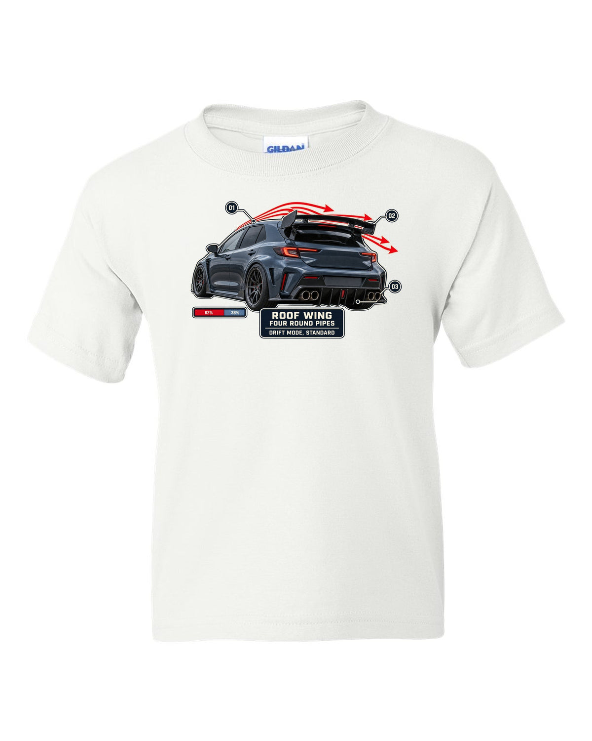 Mercedes-AMG A45 S W177 rear three-quarter with aero callout labels print white kids tee front view with the design