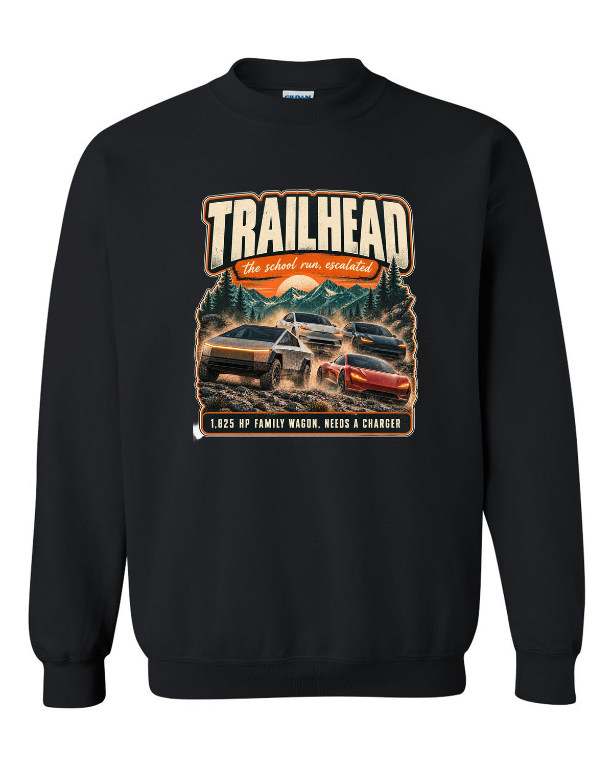 Street poster print of a Rivian R1S with trailhead and horsepower text black crewneck front view with the design
