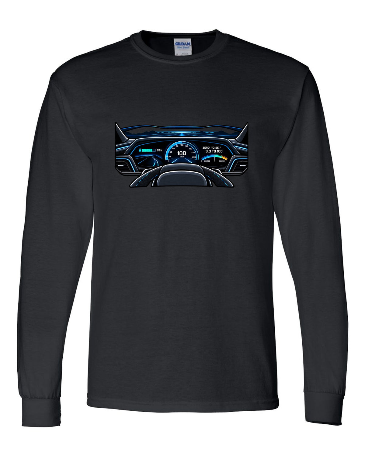 Flat gauge cluster print for the Audi e-tron GT with zero noise lettering black long sleeve front view with the design