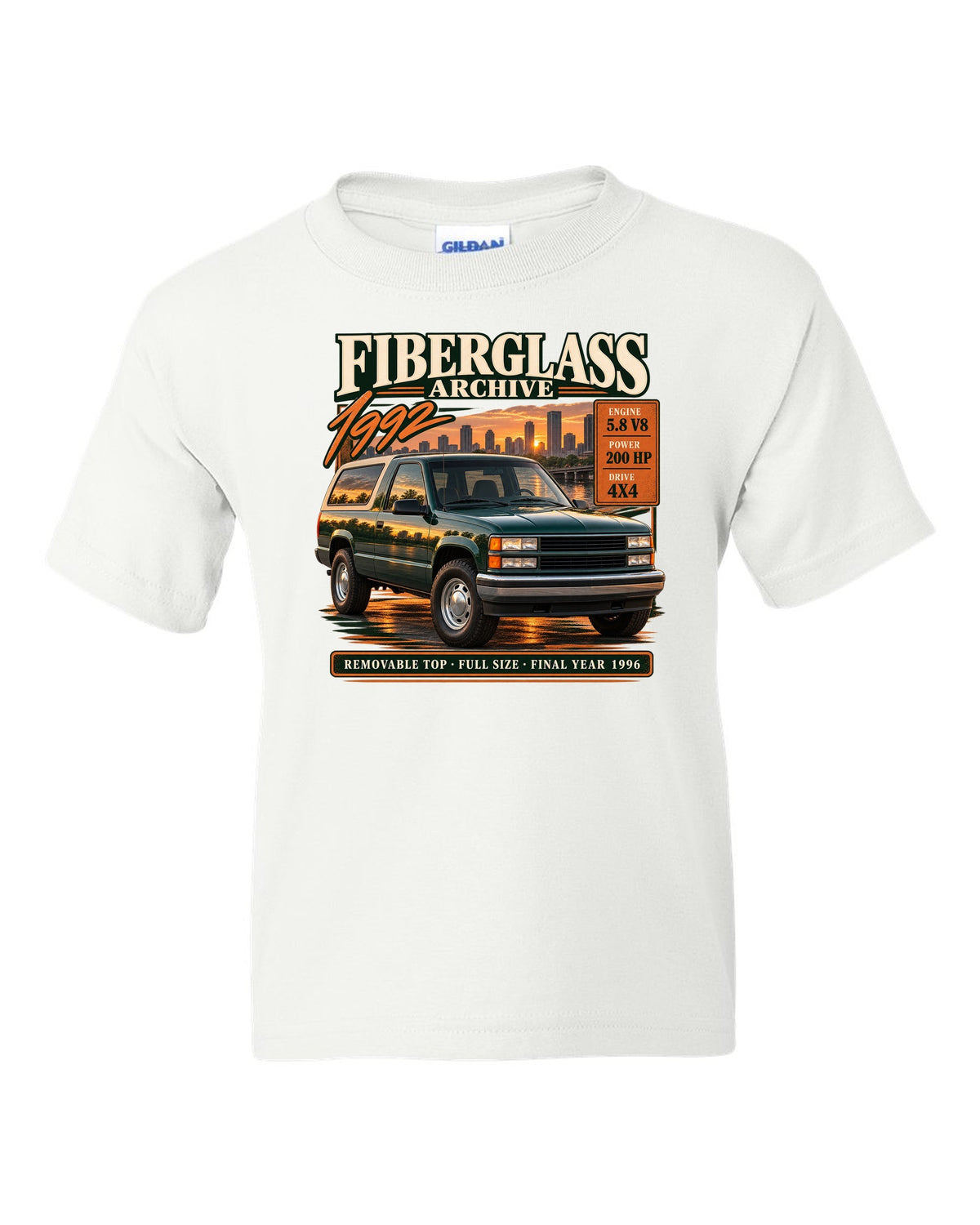 Ford Bronco OBS 1992-96 fiberglass archive panel print with 5.8 V8 and final year 1996 white kids tee front view with the design