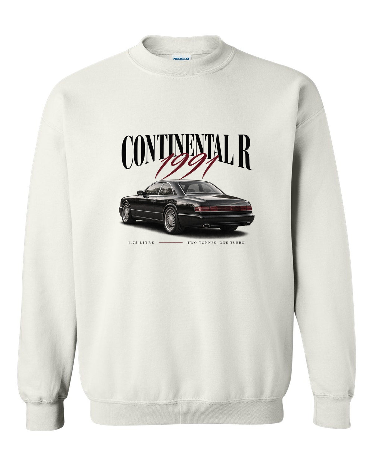 Bentley Continental R editorial headline print white crewneck front view with the design
