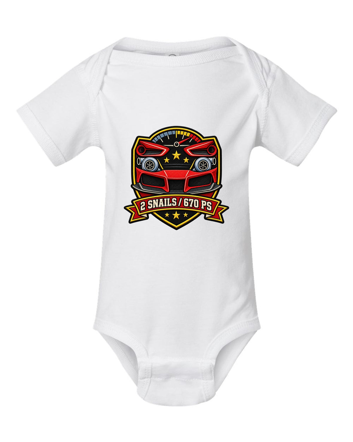 Shield layout for the Ferrari 488 GTB with 2 snails and 670 PS text white baby onesie front view with the design