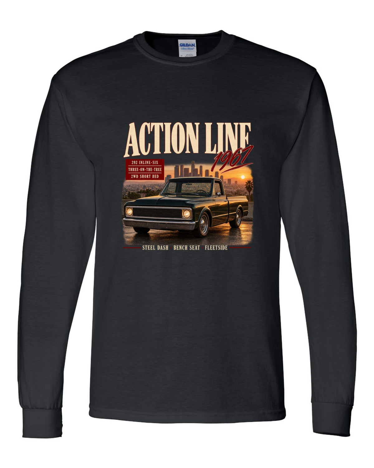 Archive panel print of a 1967 Chevrolet C10 Action Line Fleetside with 292 inline-six text black long sleeve front view with the design