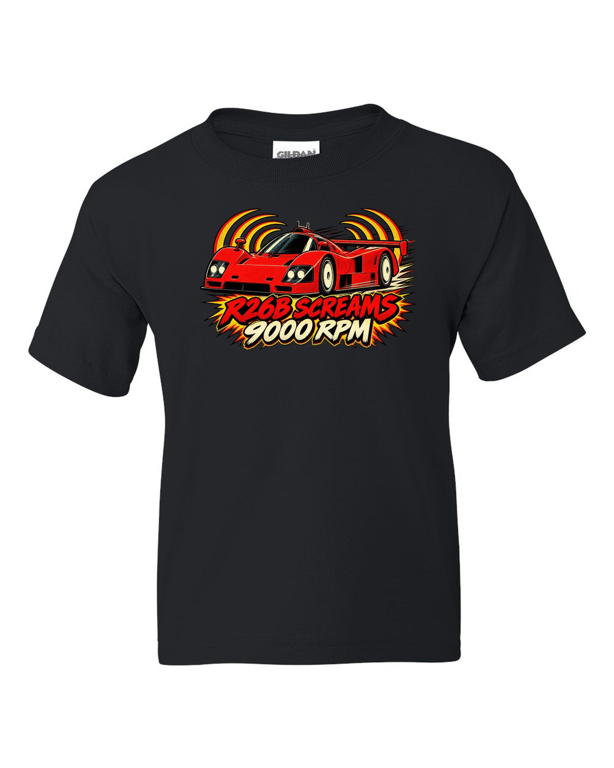 Embroidery-style varsity crest for the Mazda 787B with 787B / 2.6 L / 4 ROTOR lettering black kids tee front view with the design