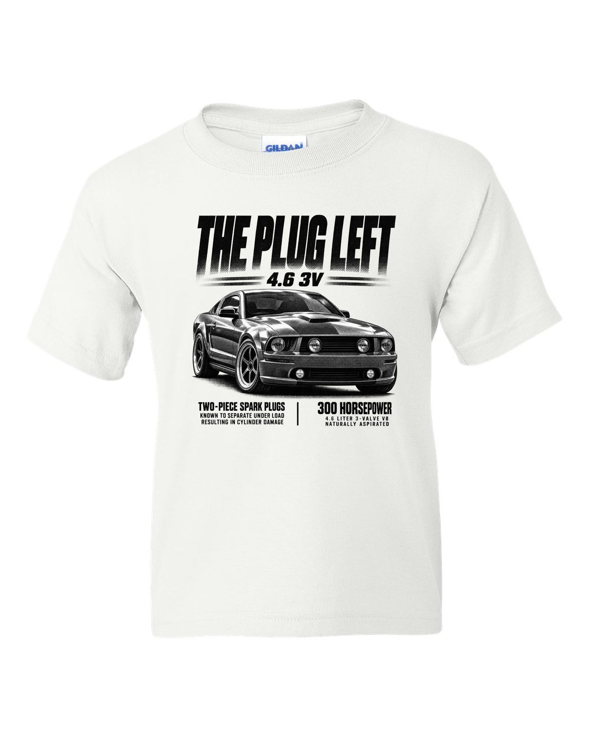 Halftone print of a 2005-09 Ford Mustang S197 GT with 4.6 3V text white kids tee front view with the design