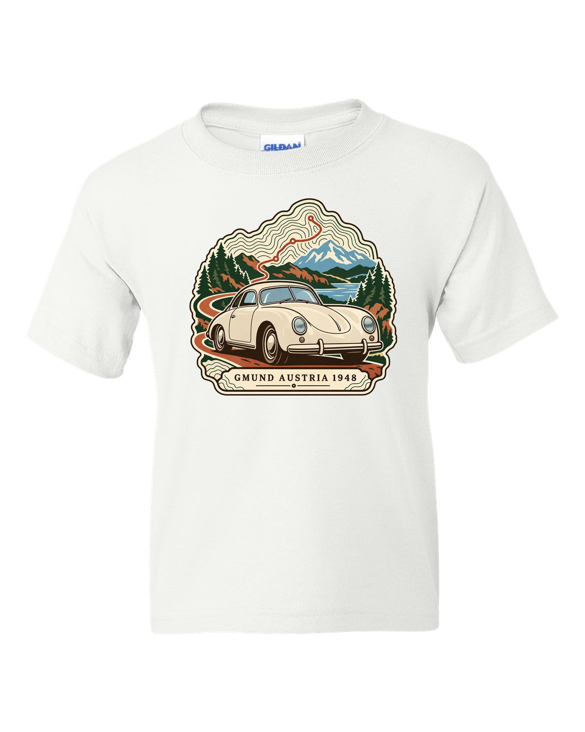 Topographic contour map design marking Gmund Austria 1948 for the Porsche 356 white kids tee front view with the design