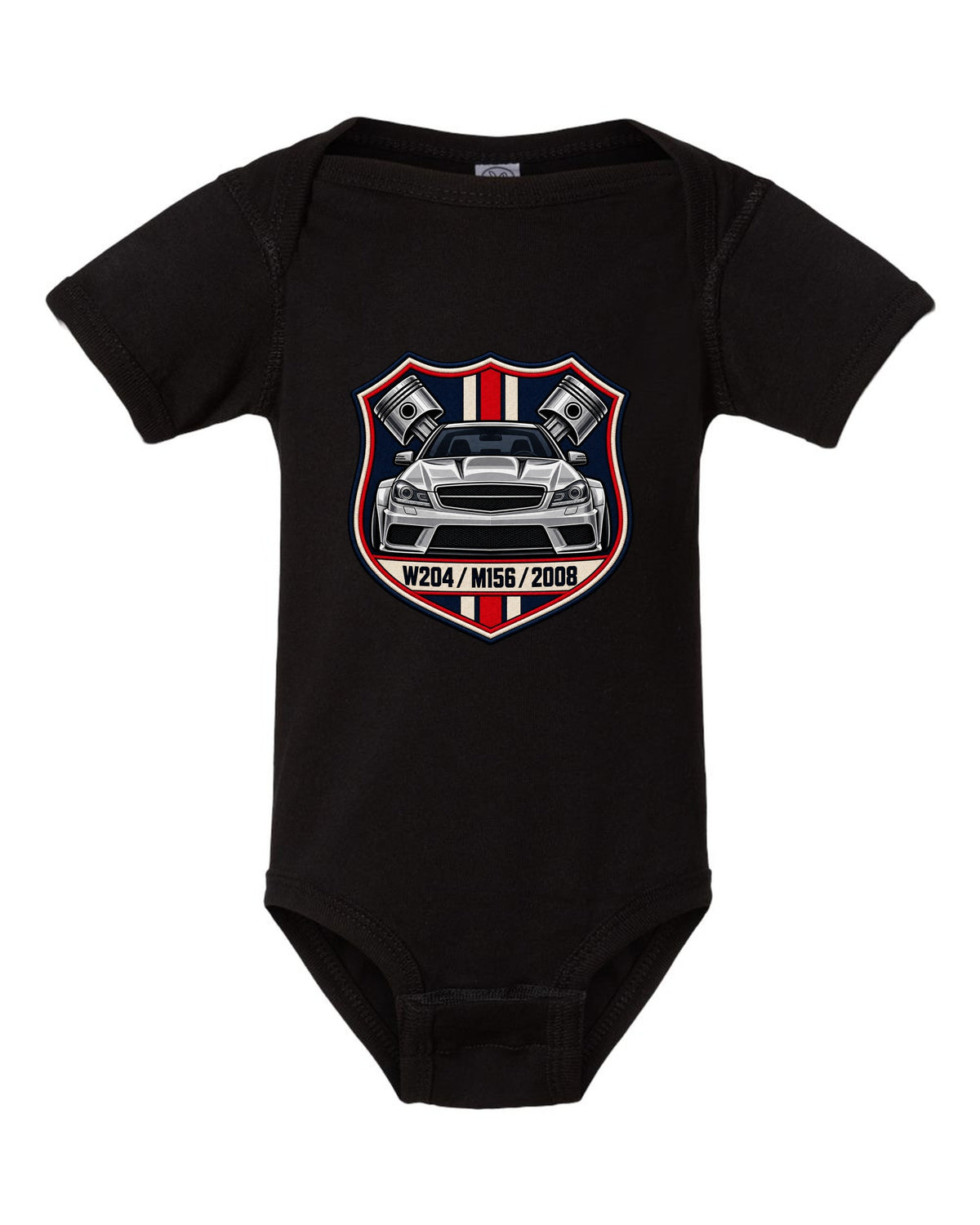 Embroidery-style varsity crest for Mercedes C63 AMG W204 with M156 and 2008 black baby onesie front view with the design