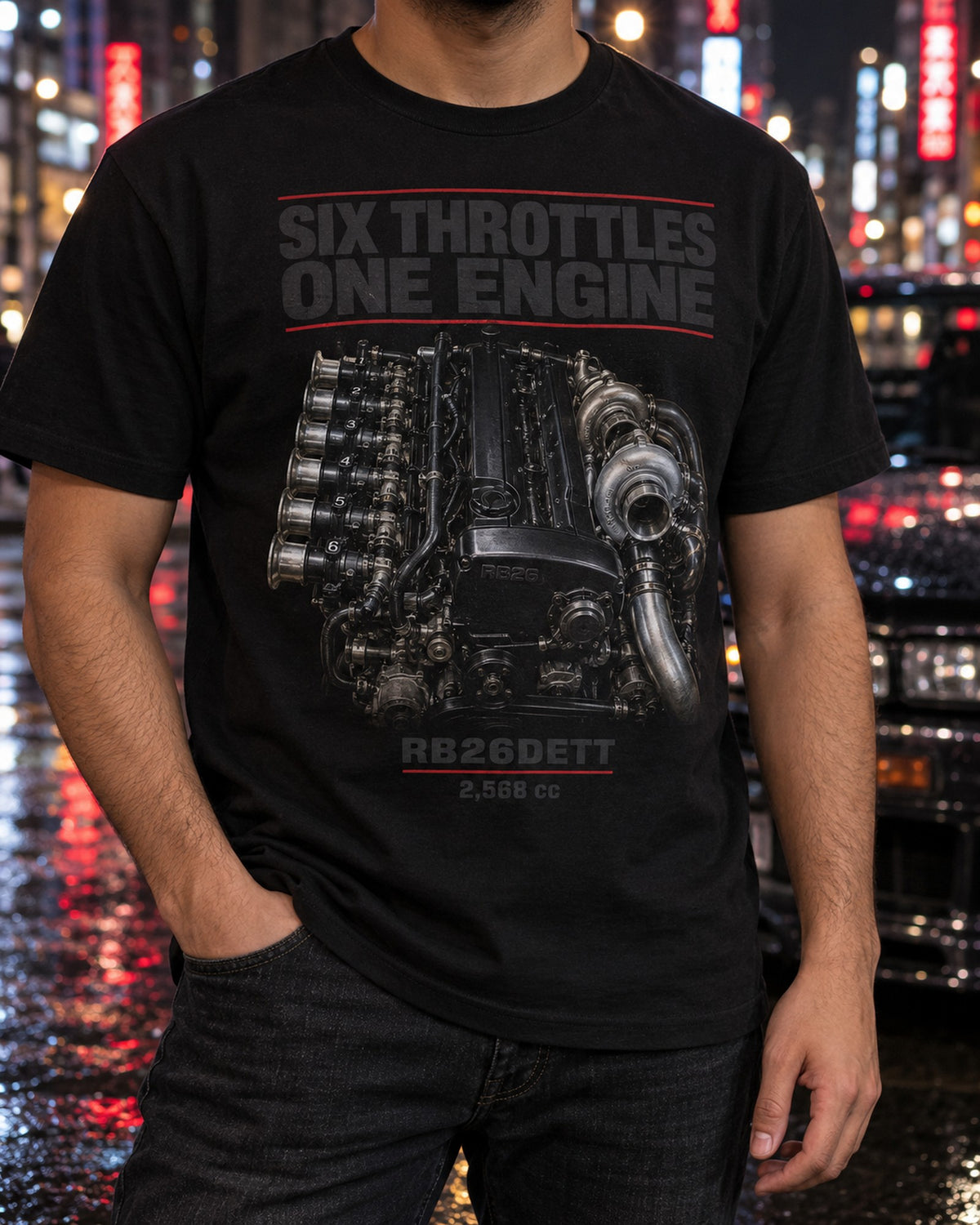 RB26DETT Six Throttle Engine Shirt, Skyline GT-R R32 T-Shirt Black worn hero