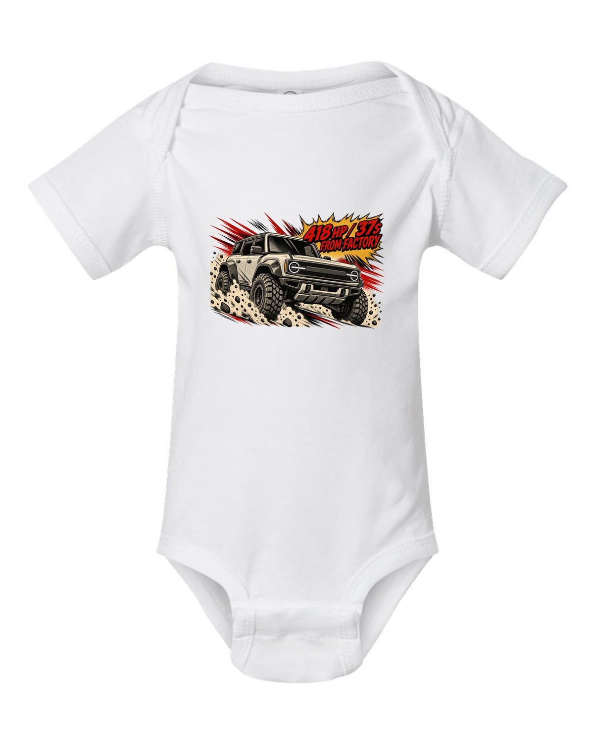 Retro manga halftone panel of a 2022 Ford Bronco Raptor jumping in the desert with 418 HP lettering white baby onesie front view with the design