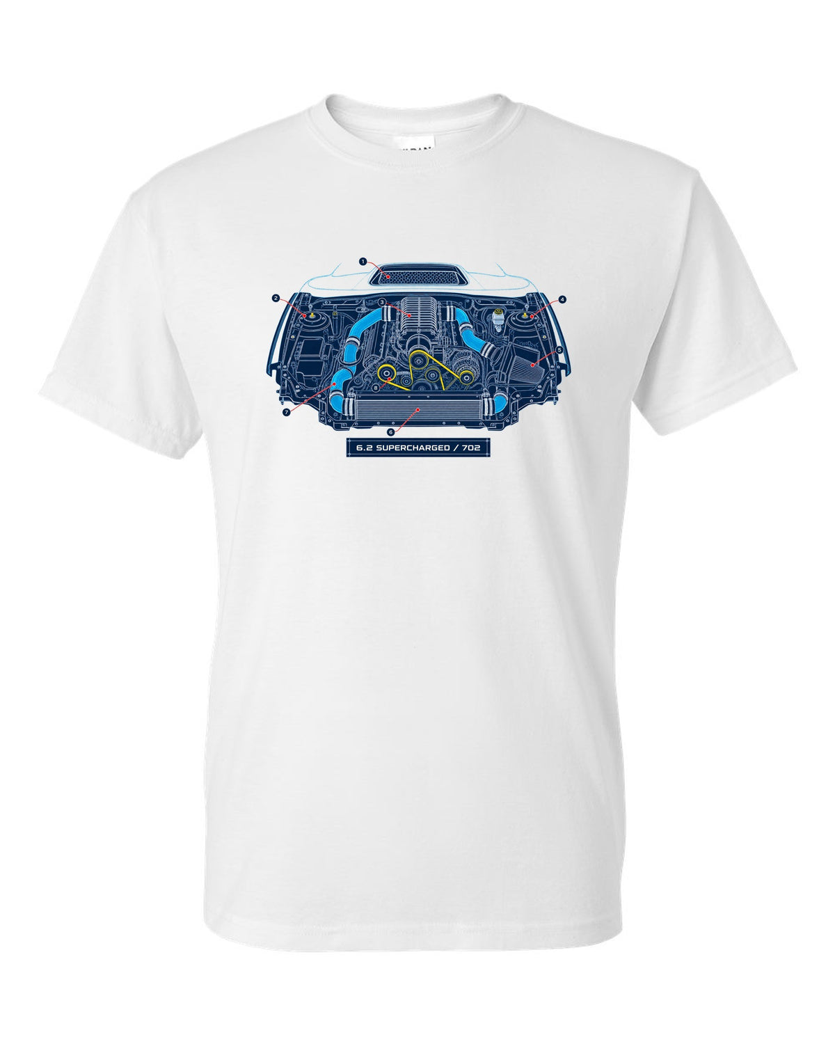 Blueprint-style print of the Ram 1500 TRX engine bay with 6.2 supercharged and 702 callouts white t-shirt front view with the design