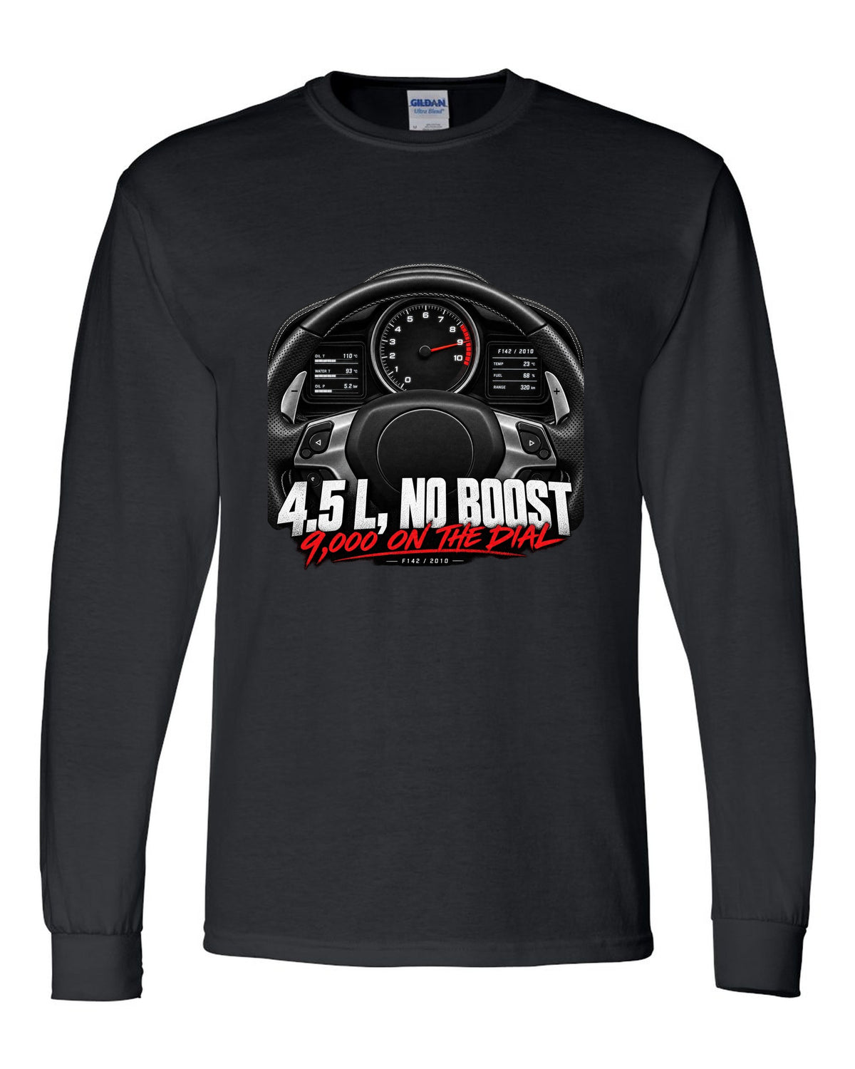 Cockpit gauge print of a Ferrari 458 Italia instrument cluster with 9,000 on the dial black long sleeve front view with the design