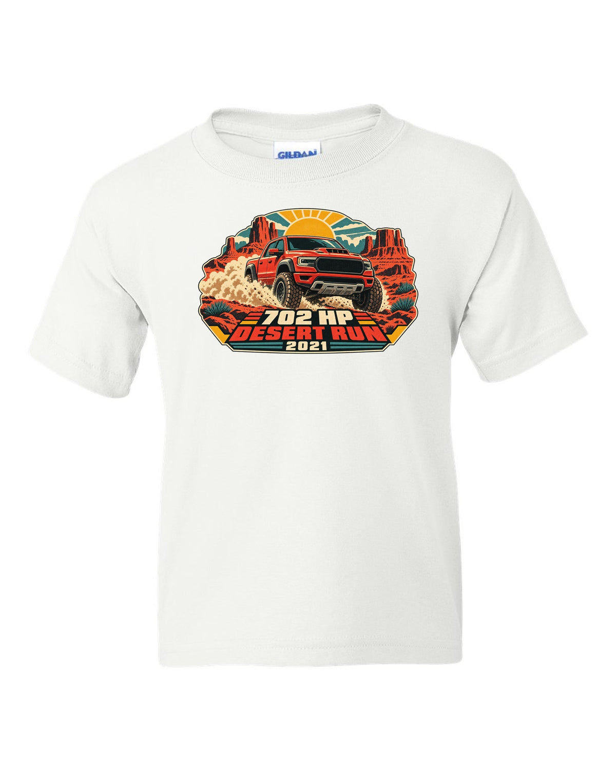 Vintage desert race poster print of a 2021 Ram 1500 TRX with 702 HP text white kids tee front view with the design