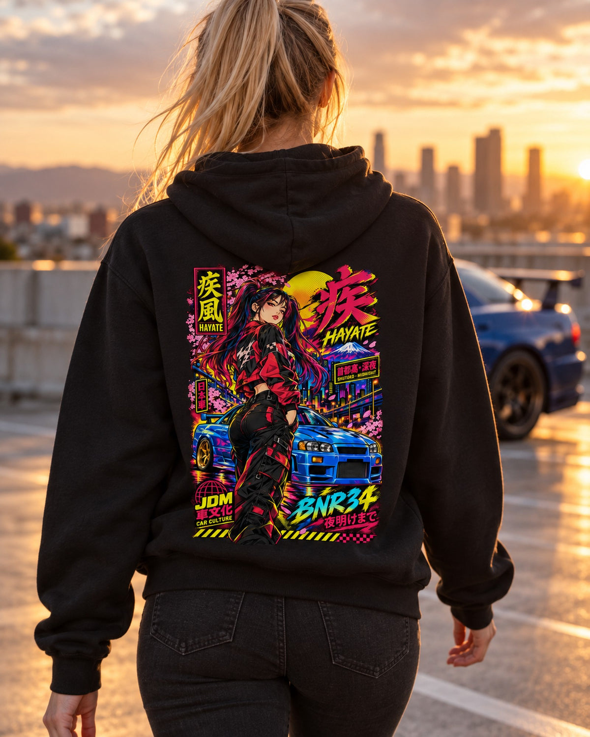 HAYATE BNR34 Anime Girl Full-Back Graphic Tee Pull Over Hoodie Black worn hero