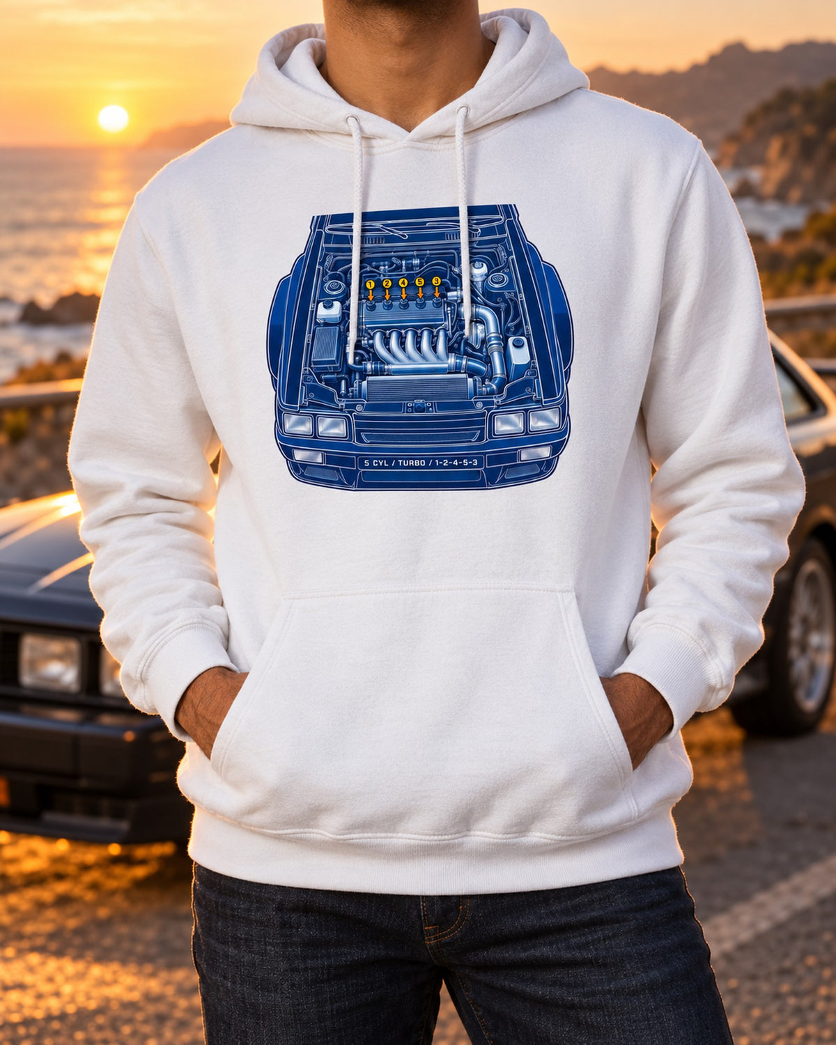 Audi Ur-Quattro Type 85 Cyanotype Blueprint Shirt, 1-2-4-5-3 Pull Over Hoodie White worn hero