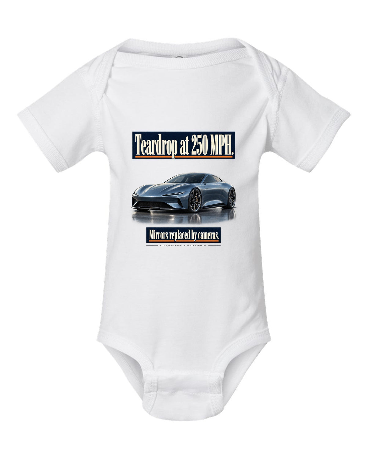 Editorial headline print of a steel blue McLaren Speedtail white baby onesie front view with the design