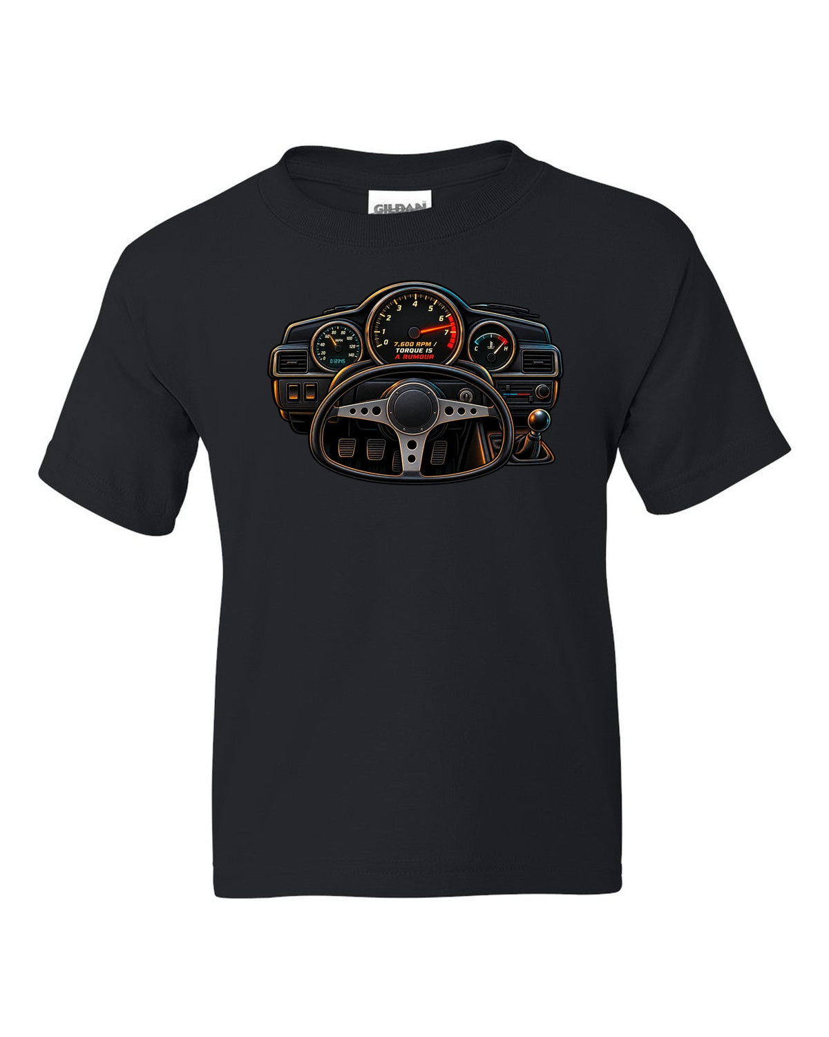 Linocut woodcut-style Toyota Corolla Levin AE86 with garage Saturday slogan black kids tee front view with the design