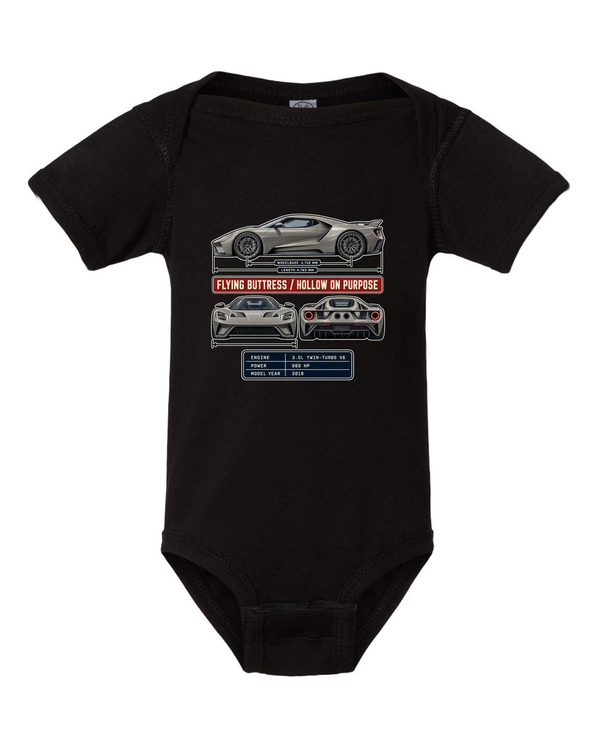 print of a 2019 Ford GT three-view drawing with spec table and flying buttress text black baby onesie front view with the design