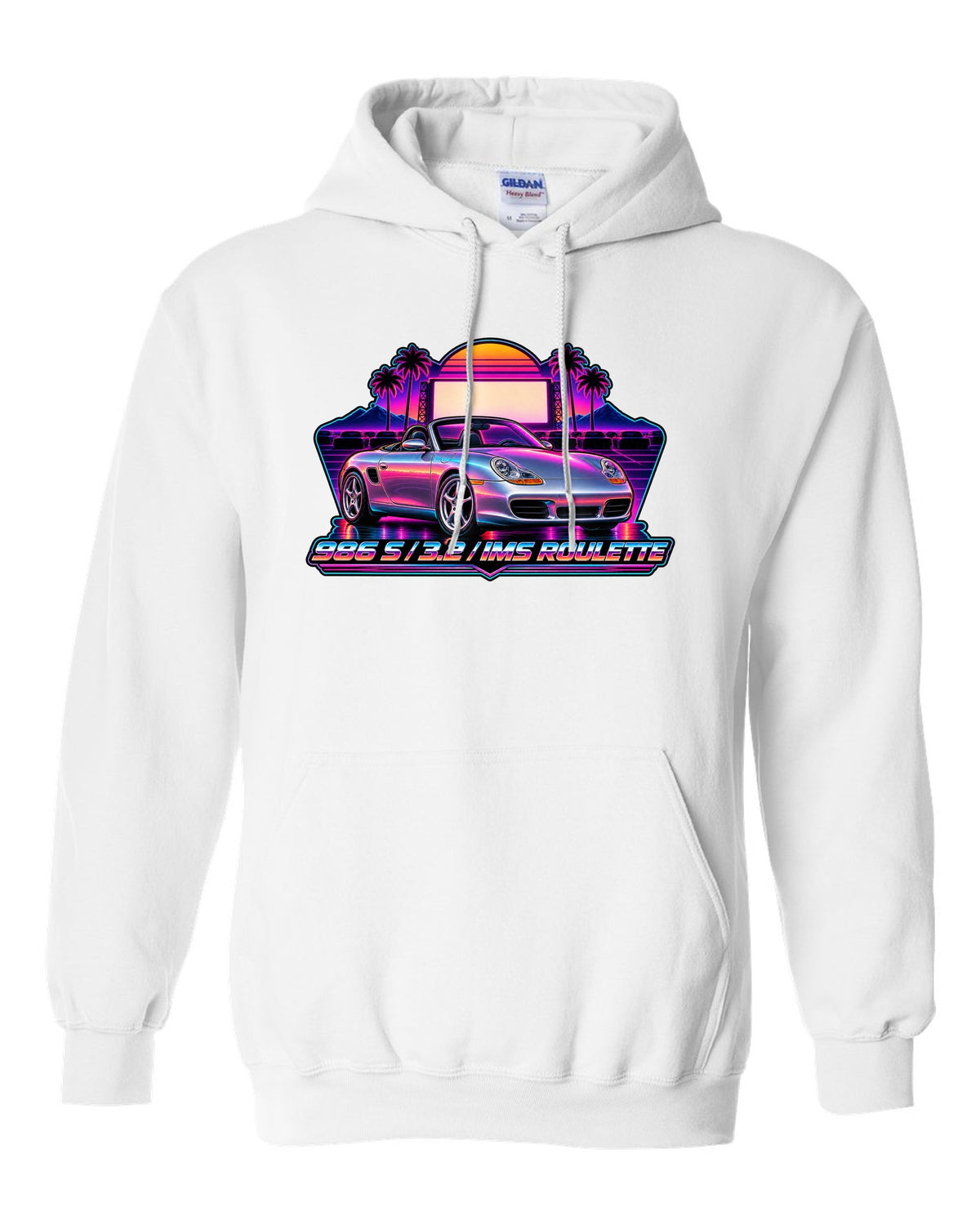Porsche 986 Boxster S synthwave outrun design with IMS roulette lettering white pull over hoodie front view with the design