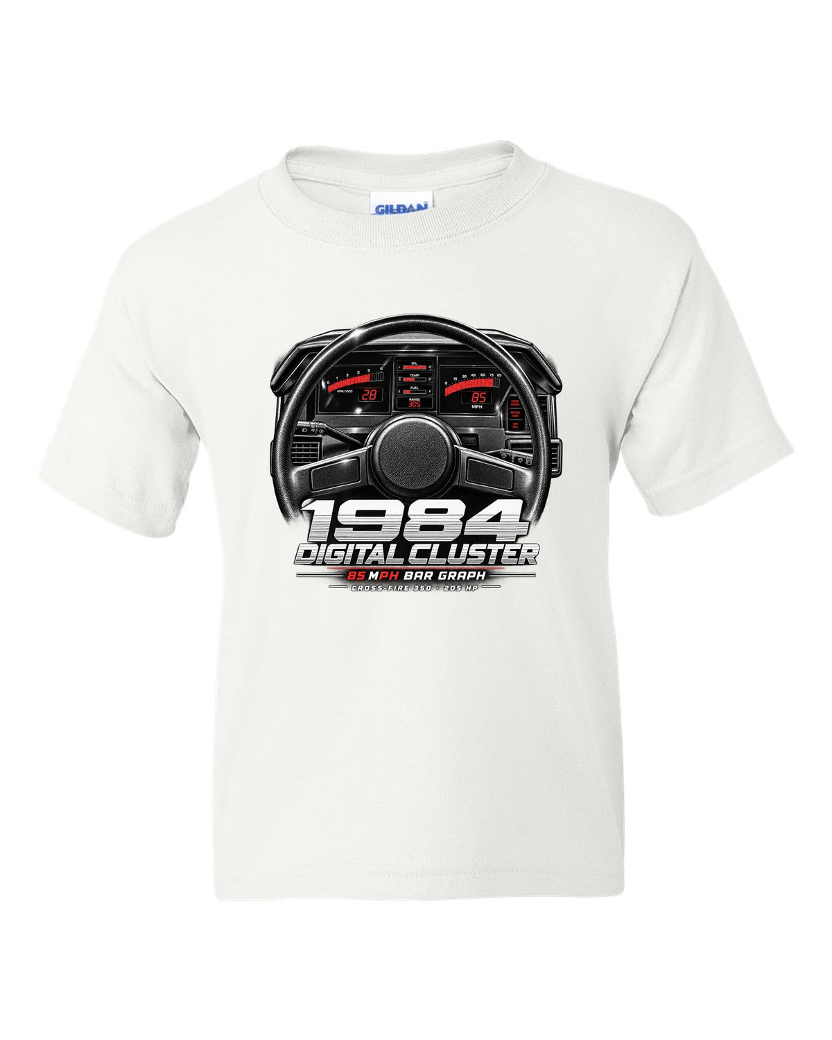 Chevrolet Corvette C4 1984 digital dash cluster cockpit print white kids tee front view with the design