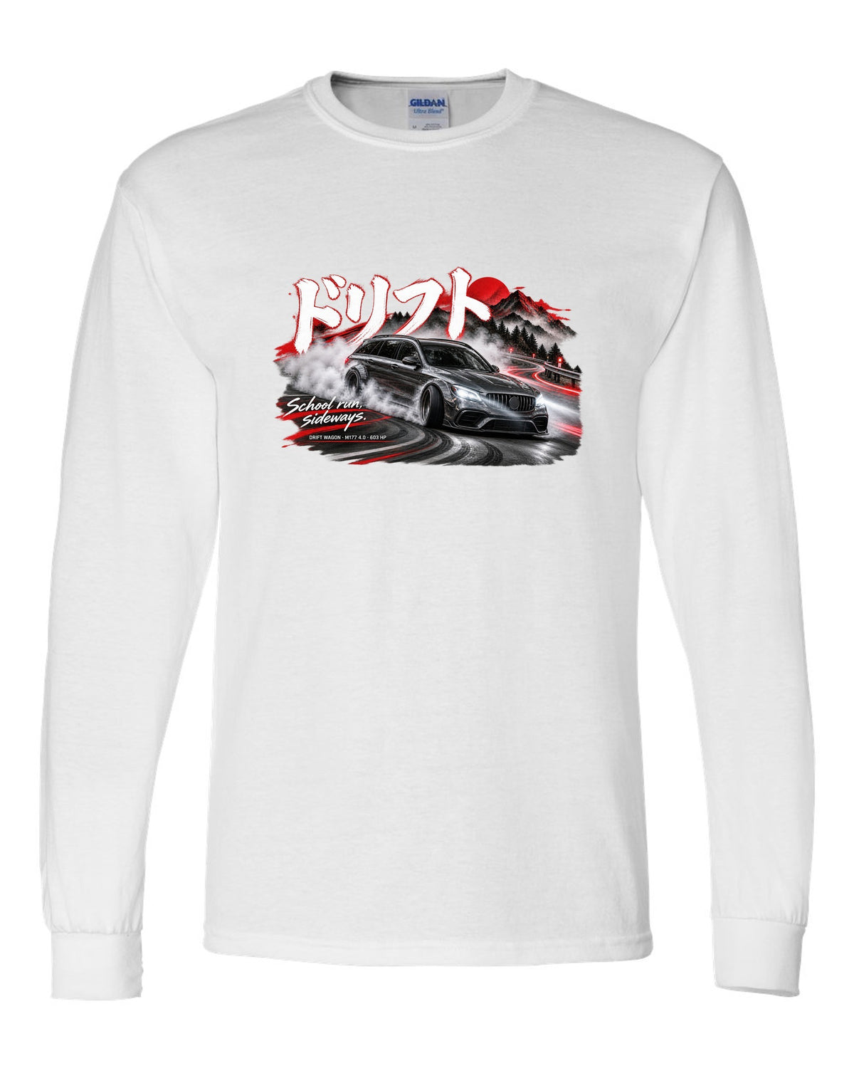 print touge drift night of a Mercedes W213 E63 S wagon with Japanese drift text and School Run Sideways white long sleeve front view with the design